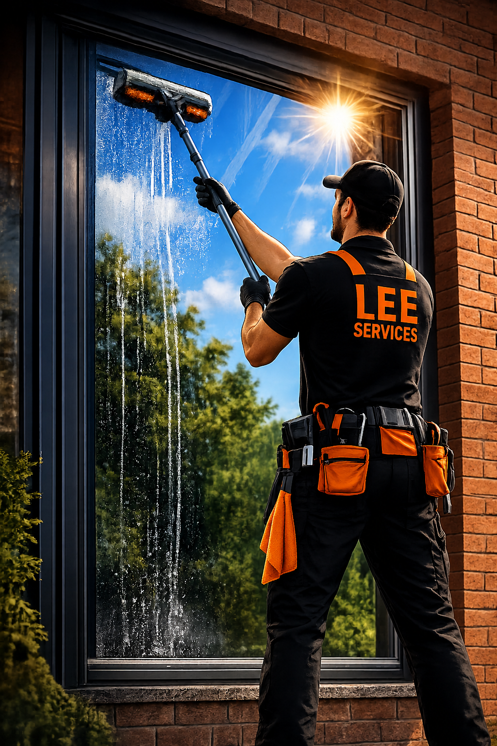 Professional window cleaner at work